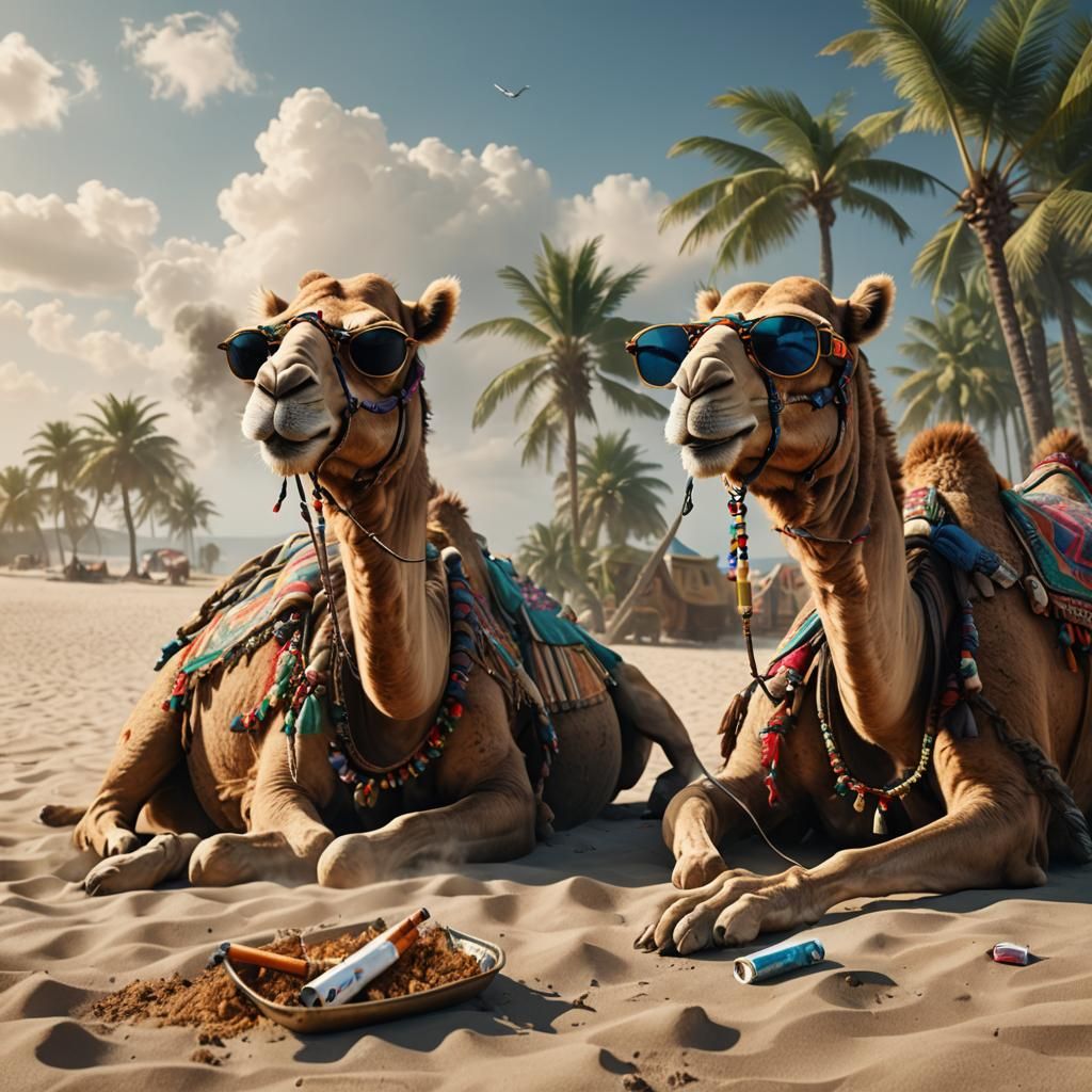 Camels Smoking Cigarettes on a Sunny Beach