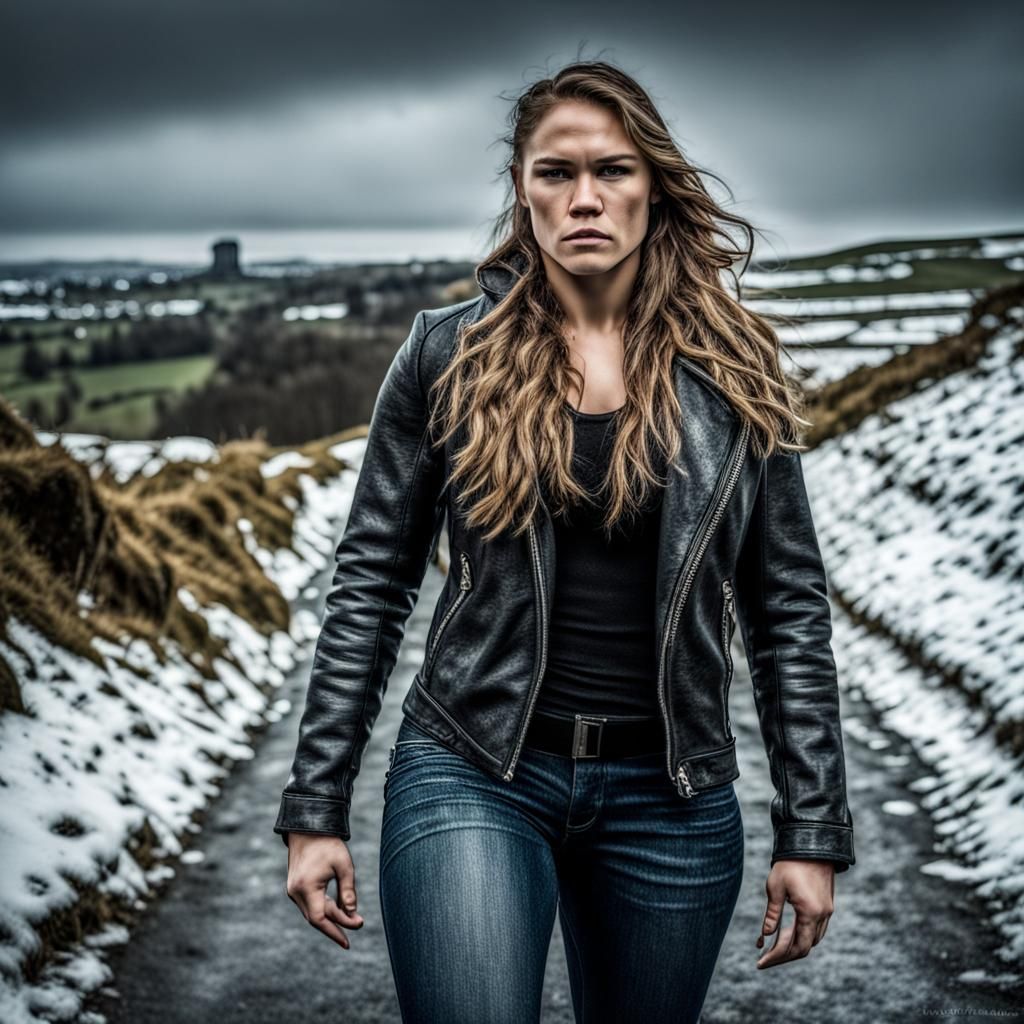 Ronda Rousey dressed in leather visits Ireland while it snow...
