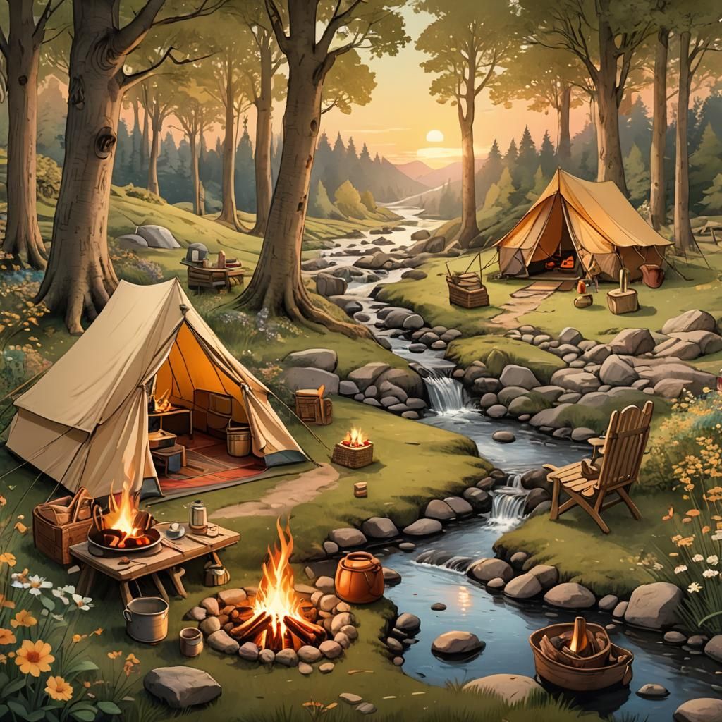 The Perfect Camping Setup depicted in a charming digital illustration resembling classic illustration ...  by @David Kolawole