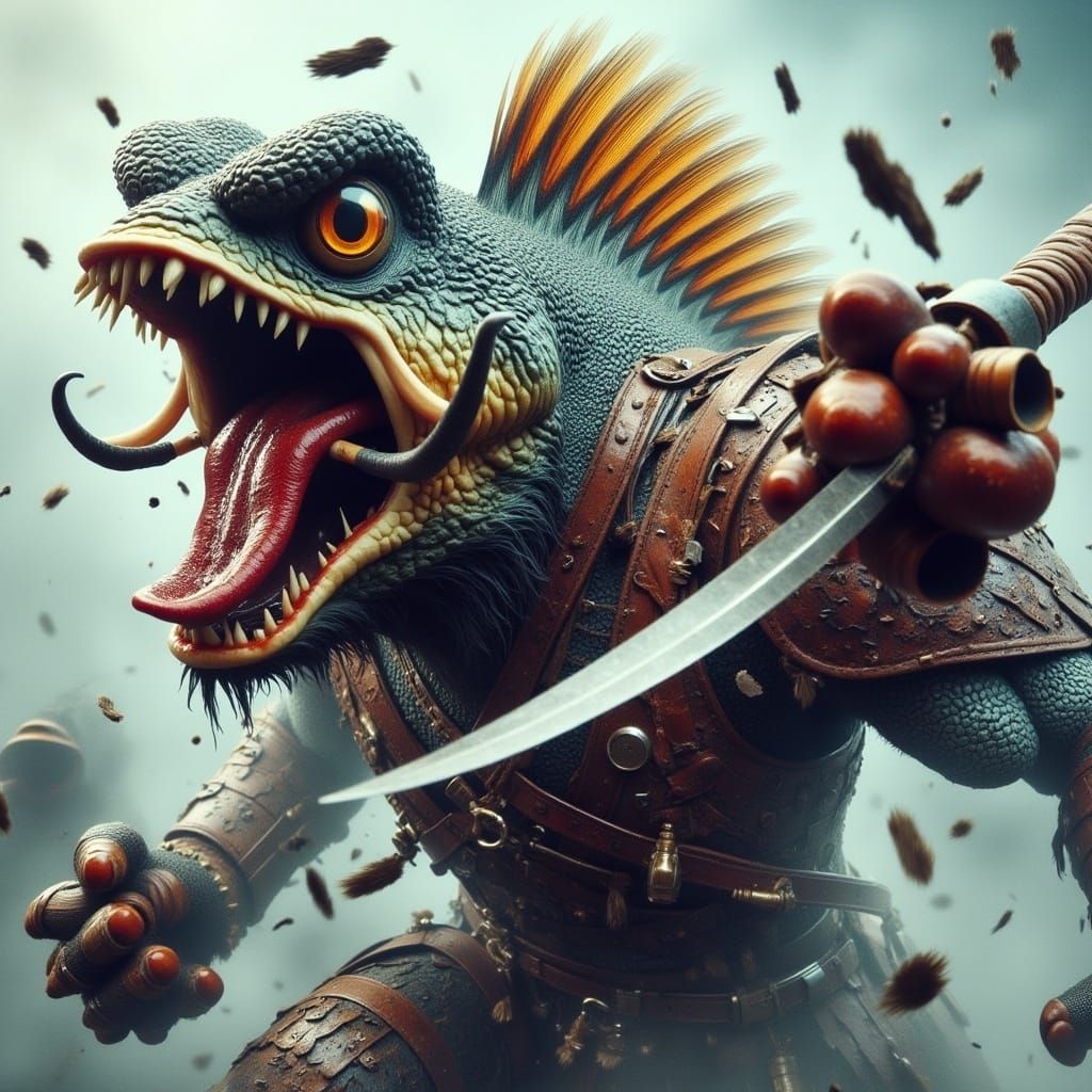  <lora:Battle Animals Flux:1.0> Anthropomorphic Battle Animal Fish