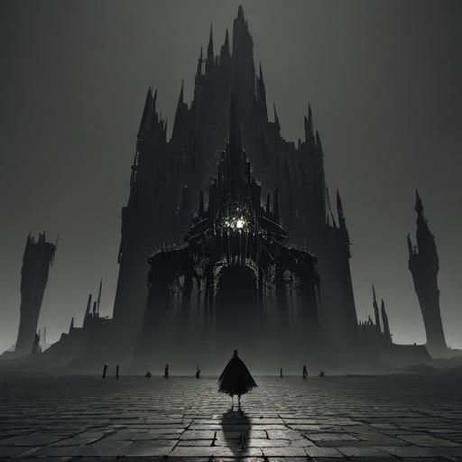 Dark Fantasy Landscape with Fleeing Figures in Dramatic Ligh...