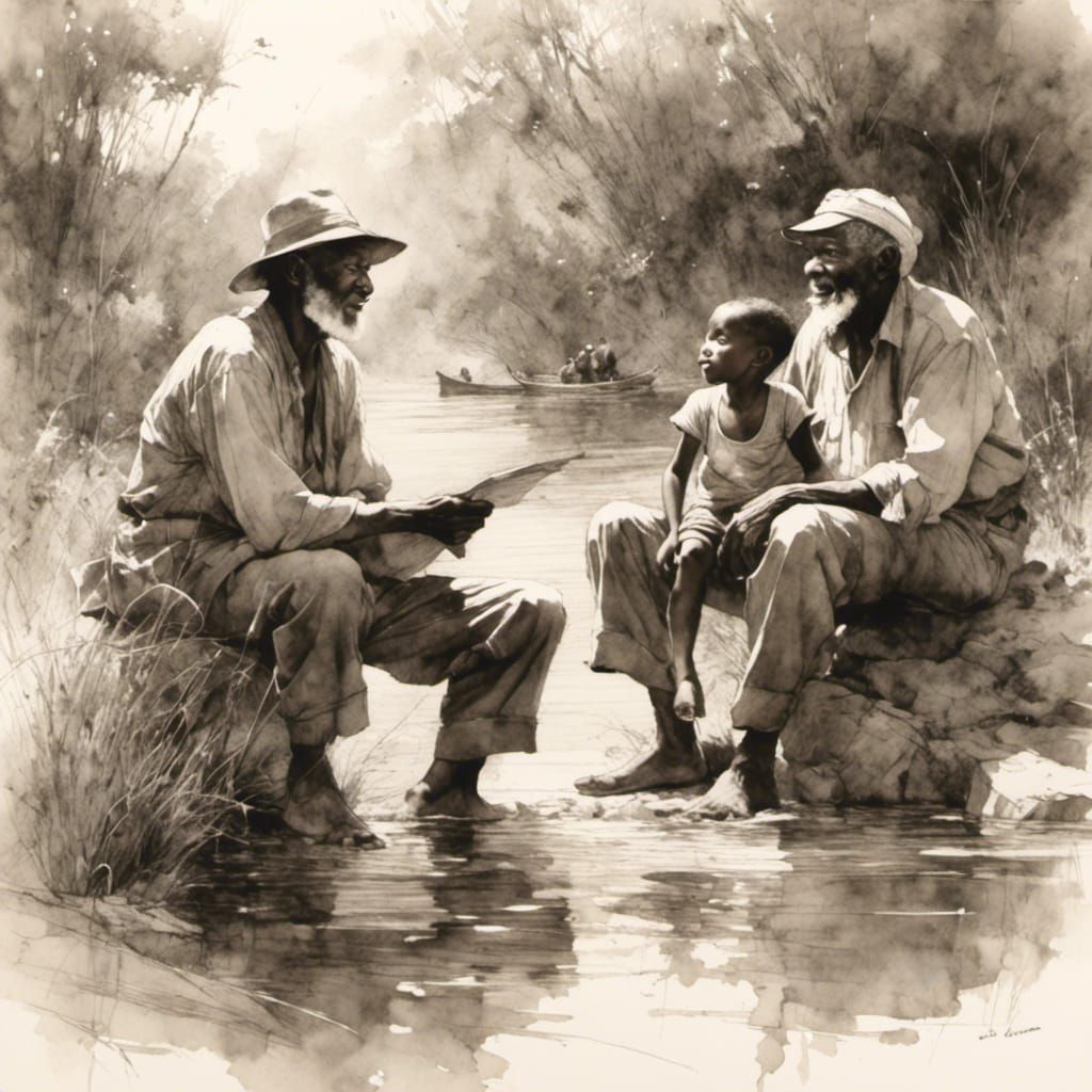 the old fisherman tells his grandchildren exciting stories, ...
