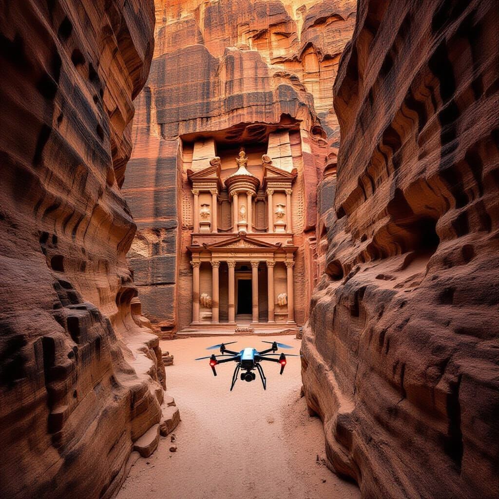 A drone shot flying through the narrow, winding gorge of the Siq, showing the sheer rock walls and ancient water channels, leading the eye t...