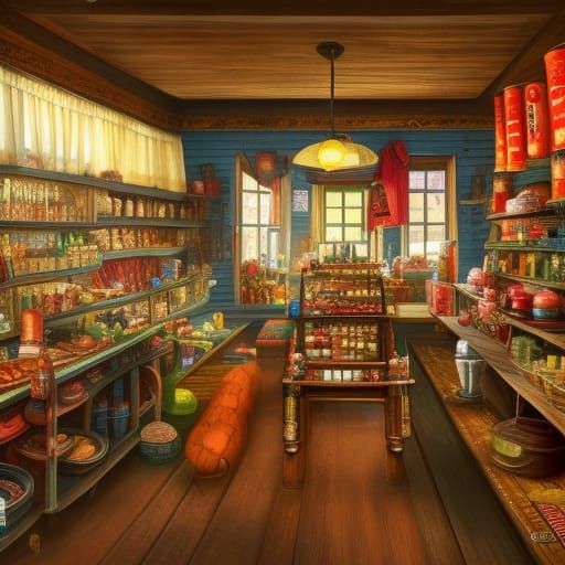 Colorful General store interior late 1800's, Asymmetry, ecle...