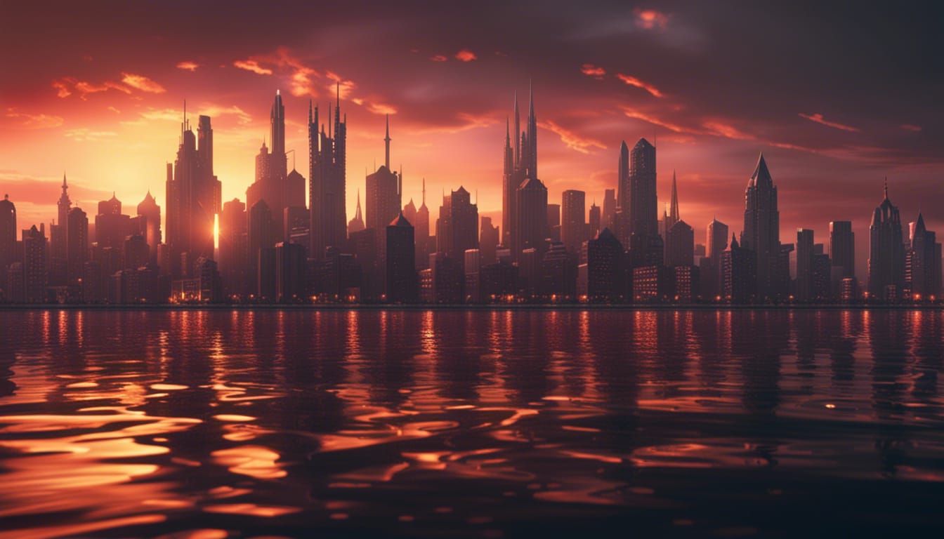City skyline across the water at sunset detailed matte paint...