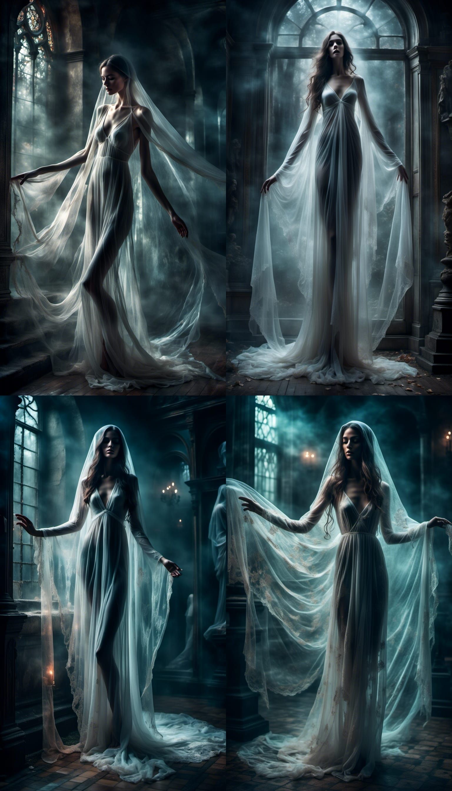 Ethereal Siren: Ghostly woman, translucent skin, flowing whi...
