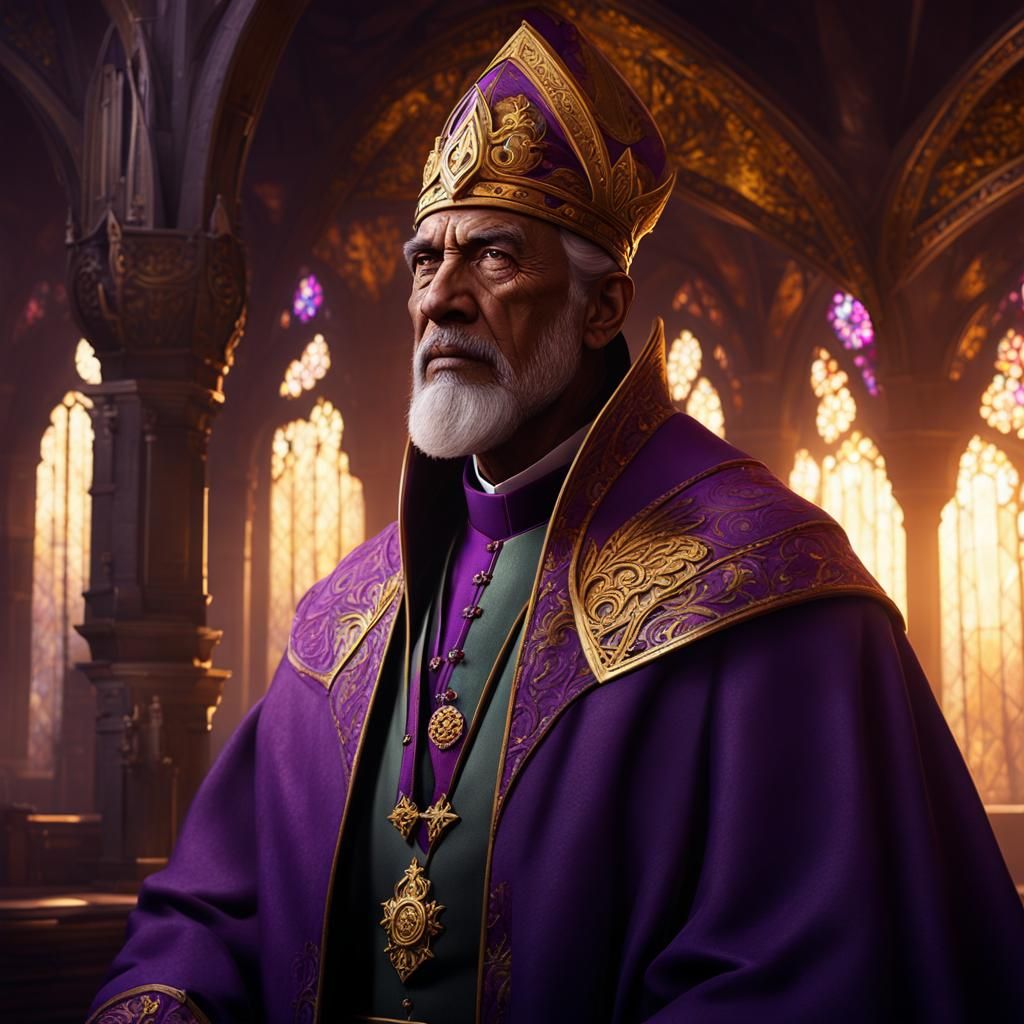 Bishop in his 60's. Very serious look on his face.