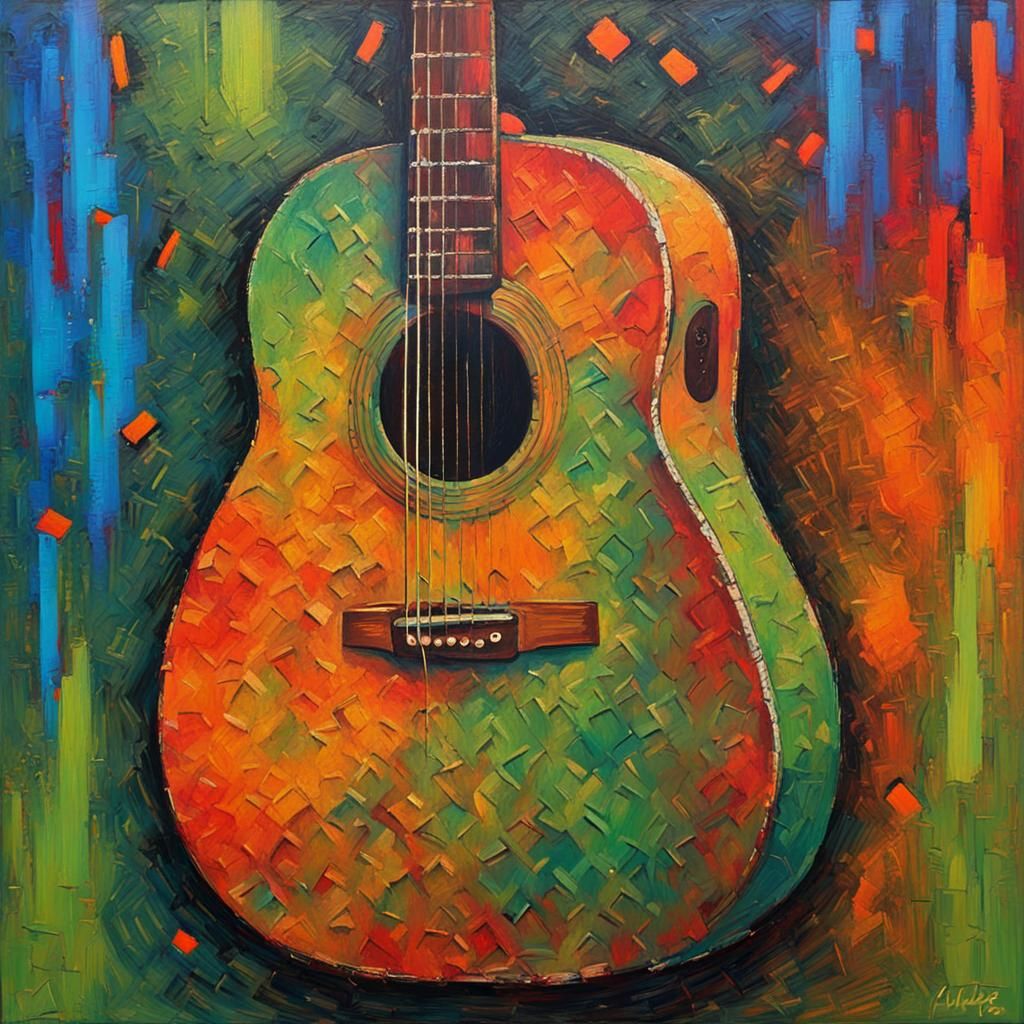 An Old Scratched And Beaten Acoustic Guitar Splashed With Neon Greens 