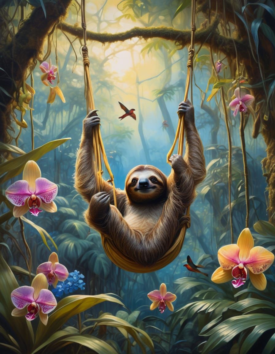  Oil Painting. Low camera angle. A sloth swings through the trees with colourful birds in the rainforest canopy, surrounded by giant spotted...