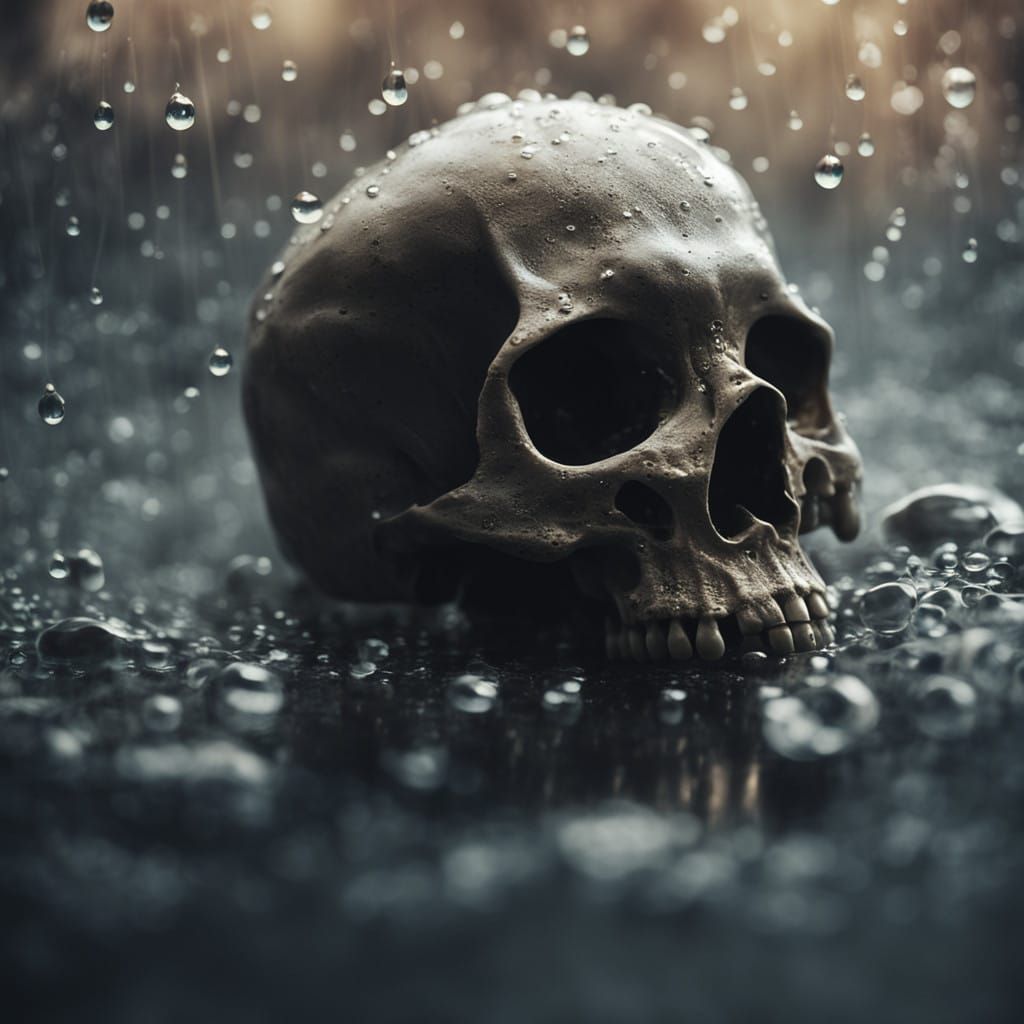 Water droplets reflecting a skull  by @undefined