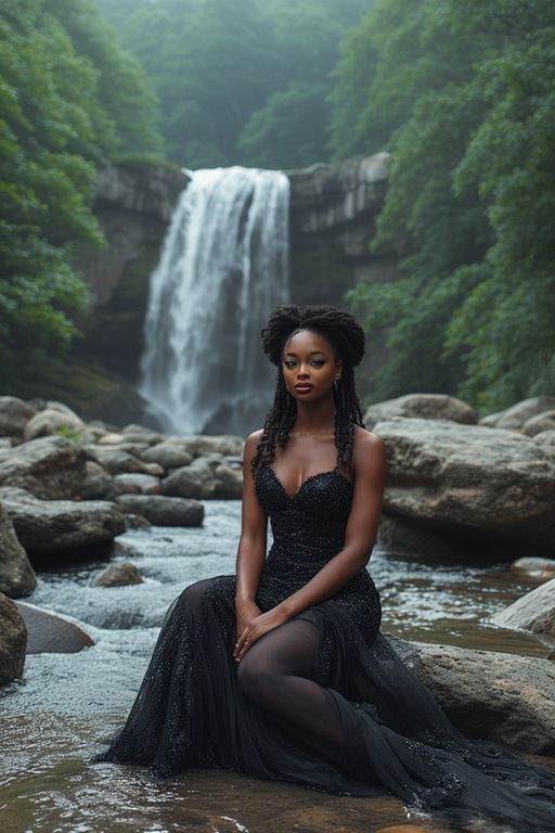 BLACK QUEEN DRESSED IN A BLACK EVENING DRESS SITTING ON ROCK...