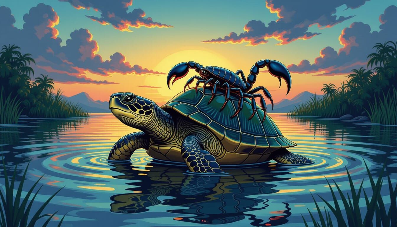 Sea Turtle Stung by Scorpion While Crossing River at Twiligh...