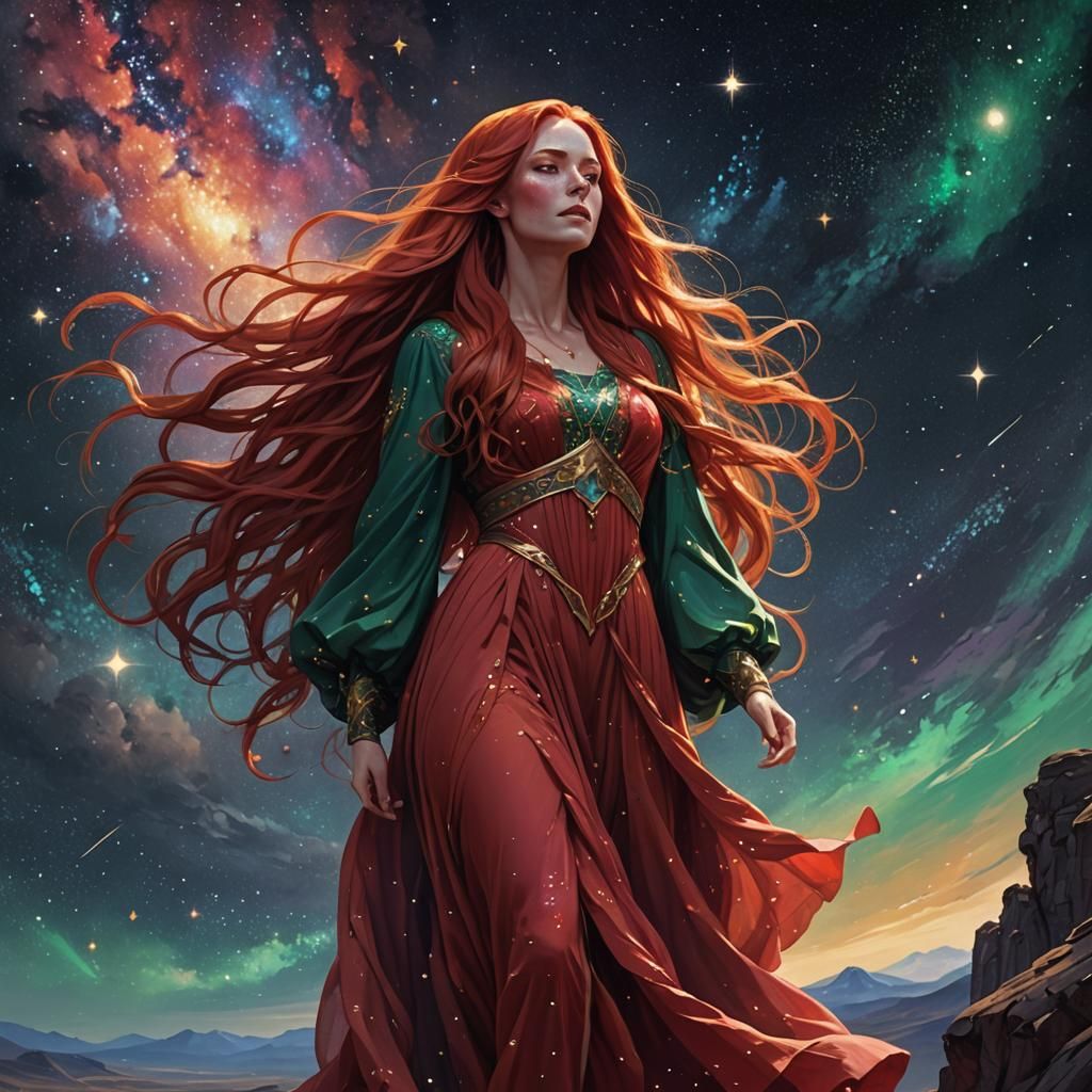 A girl standing in a long red dress and a plateau with the n...