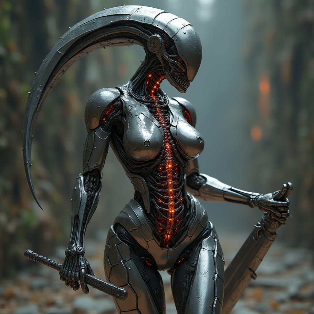 Biomechanical Femme Fatale in Chrome and Organic Steel