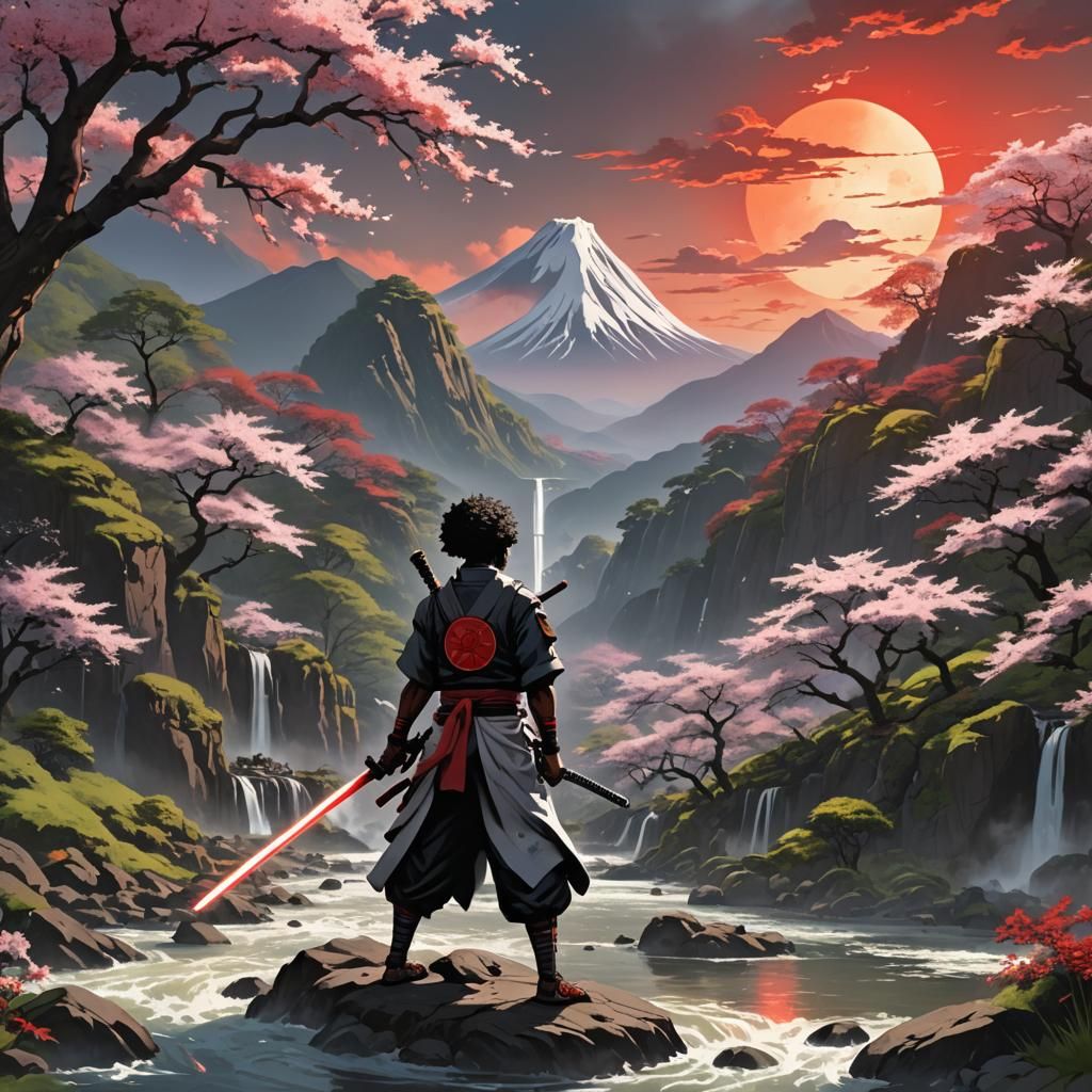 Afro Samurai in Anime Style with Red Sun