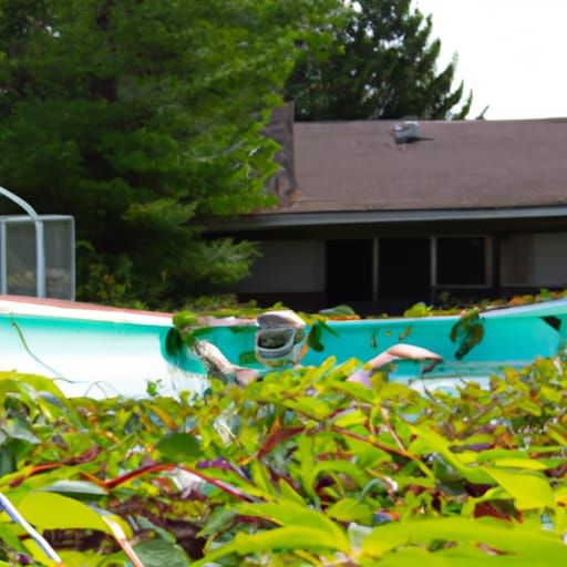 overgrown pool with zombie in distance
