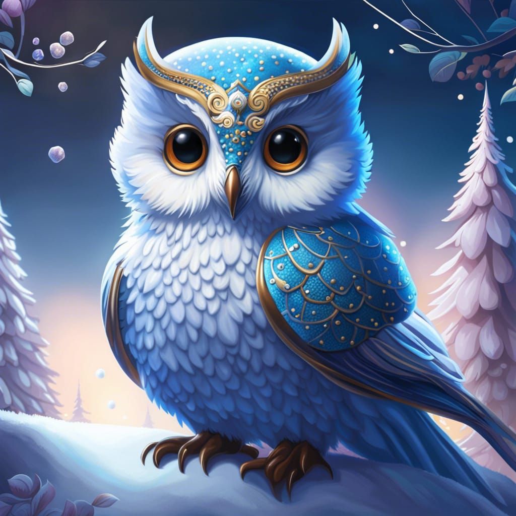 Blue Beautif-OWL2 - Cute Ice and Snow Owl  by @artsho