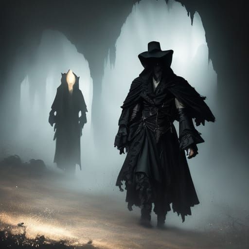 Moody Oil Painting of Cloaked Figure in Seaside Cave