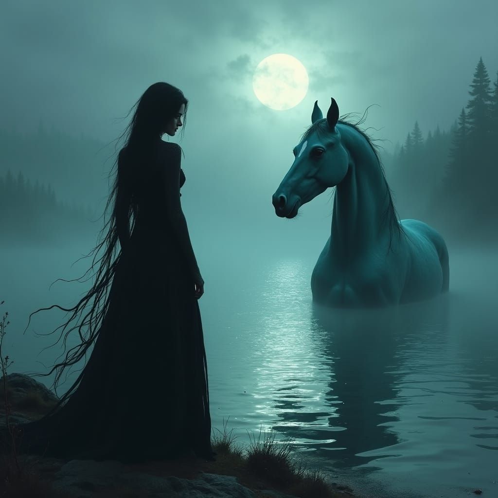 Mystical Fey Woman and Kelpie in Fantasy Art Style