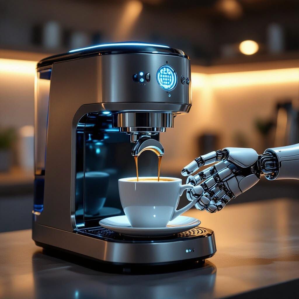 Futuristic Coffee Maker With Human Hands Dispensing Coffee