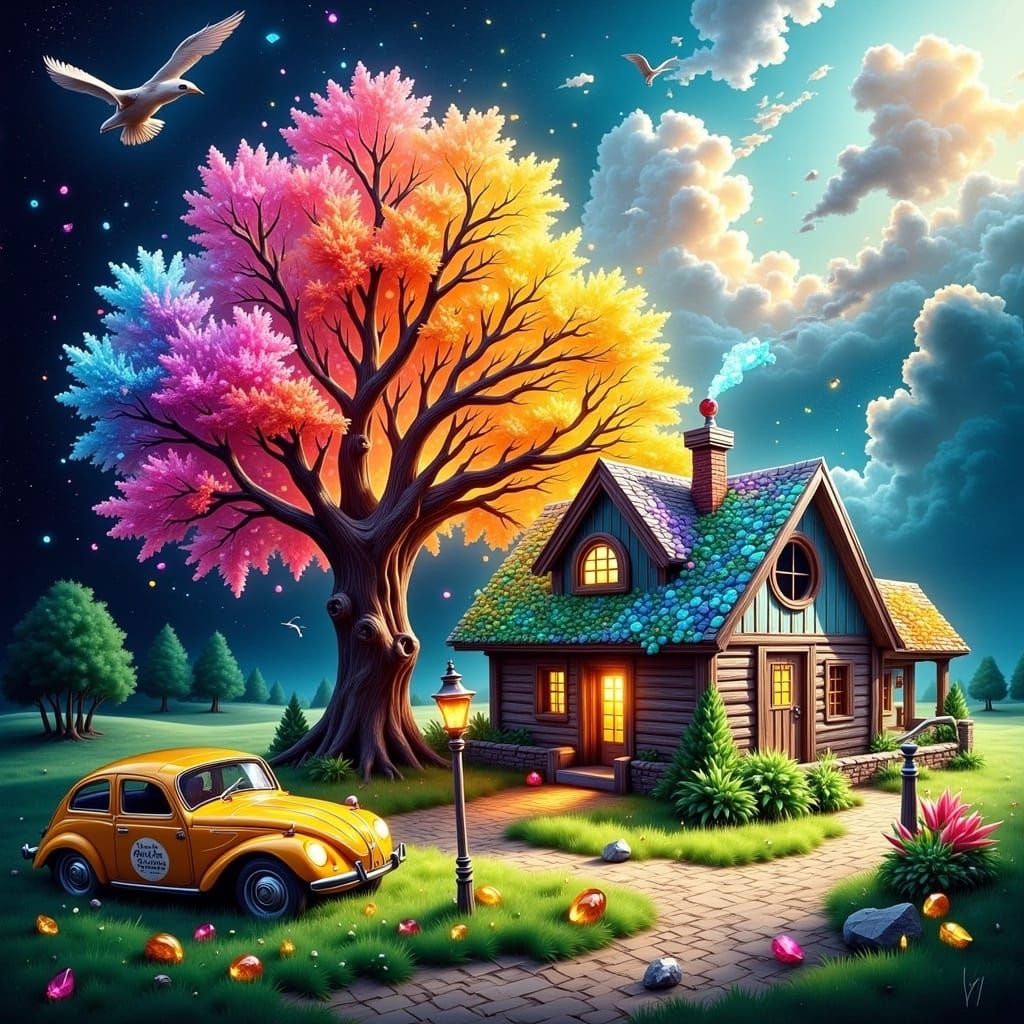 Gemstone House and Tree in Luminous Sunlight