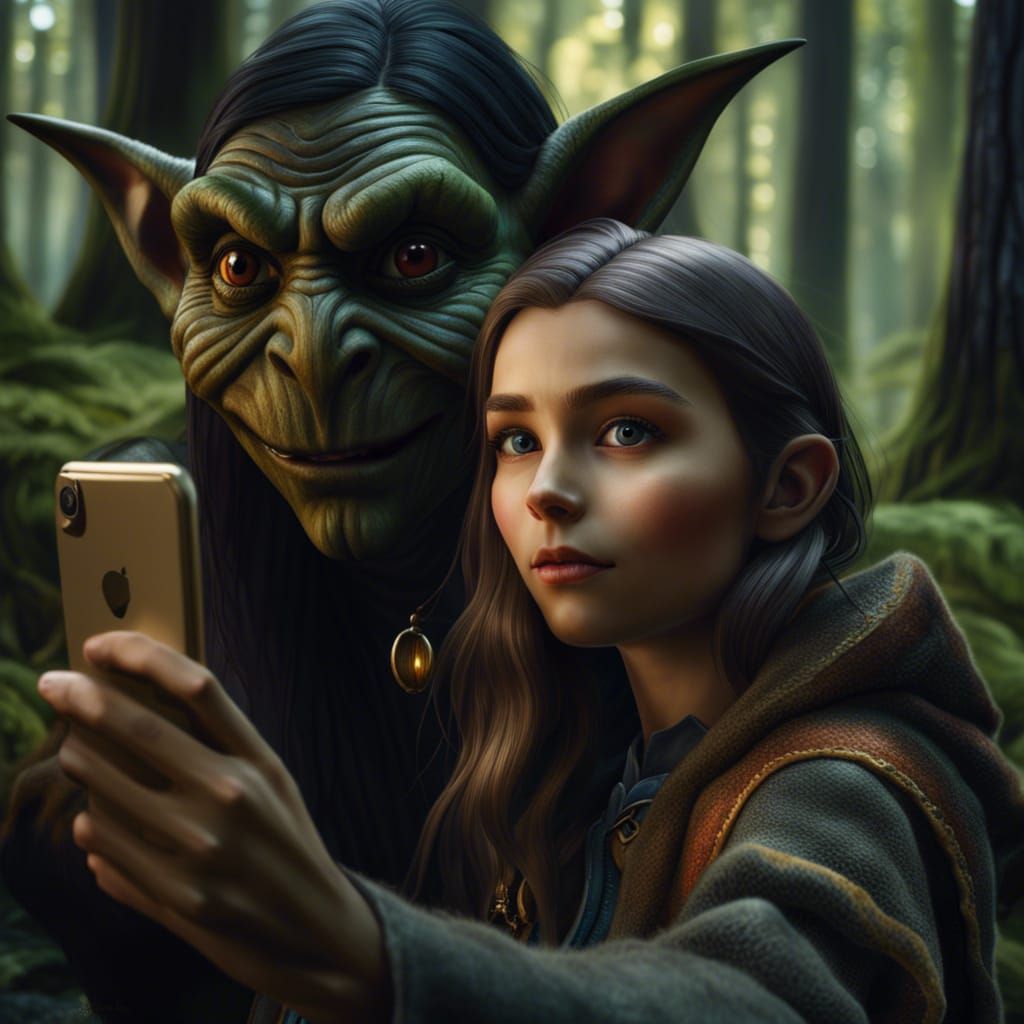 A girl taking a selfie with a goblin in the woods  by @undefined
