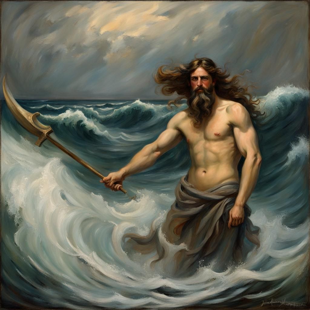 Poseidon, in the style of John William Waterhouse  by @Shea