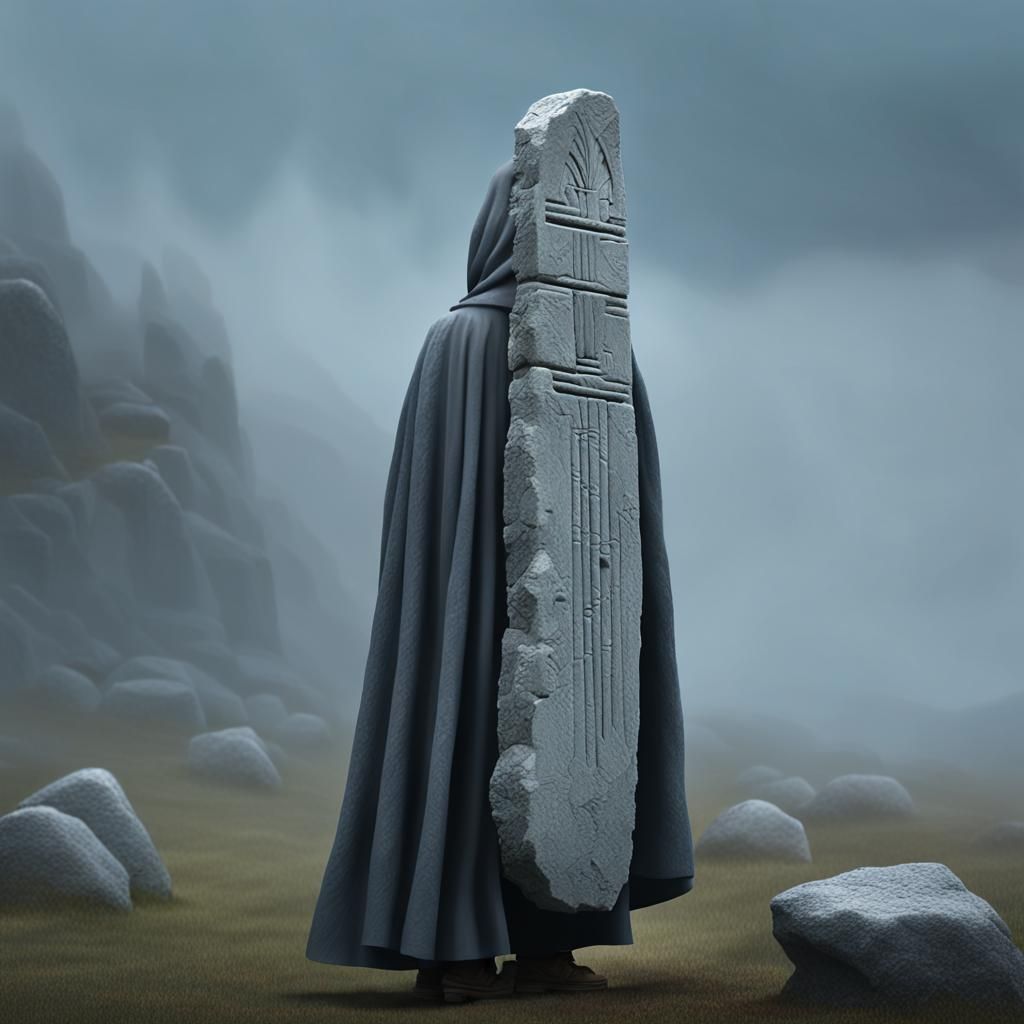 standing stones ogham rune carvings, figure in grey cloak sh...