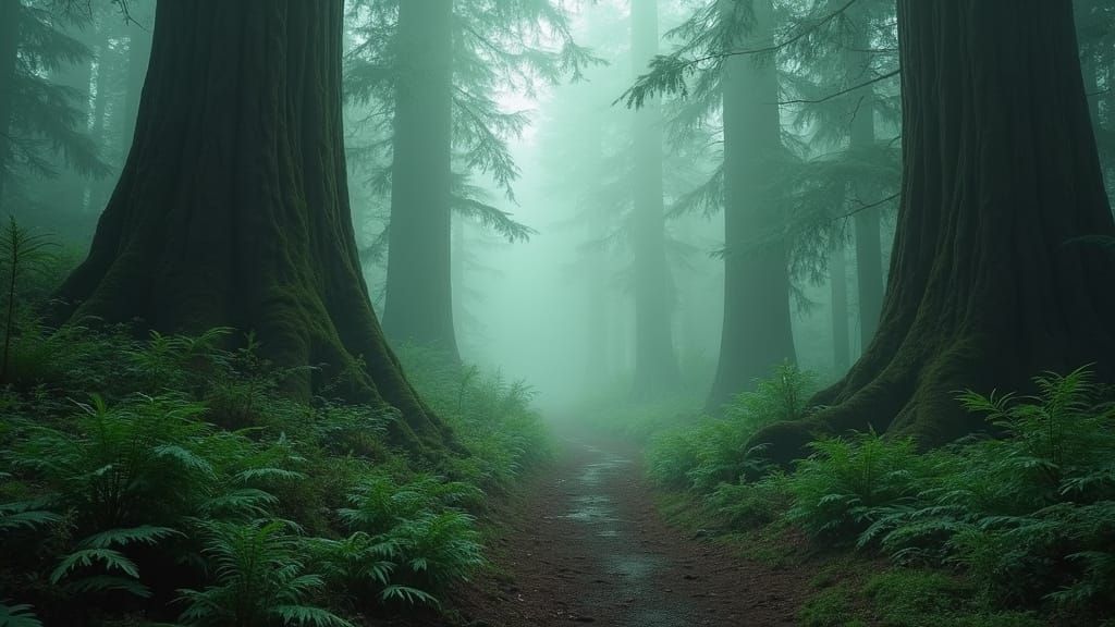 A fog shrouded path deep in the redwoods, diffused light coming from above, ferns and bushes gathered around the base of the trees.  Dew coa...