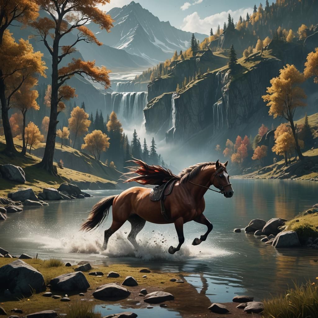 A horse running near to the lake