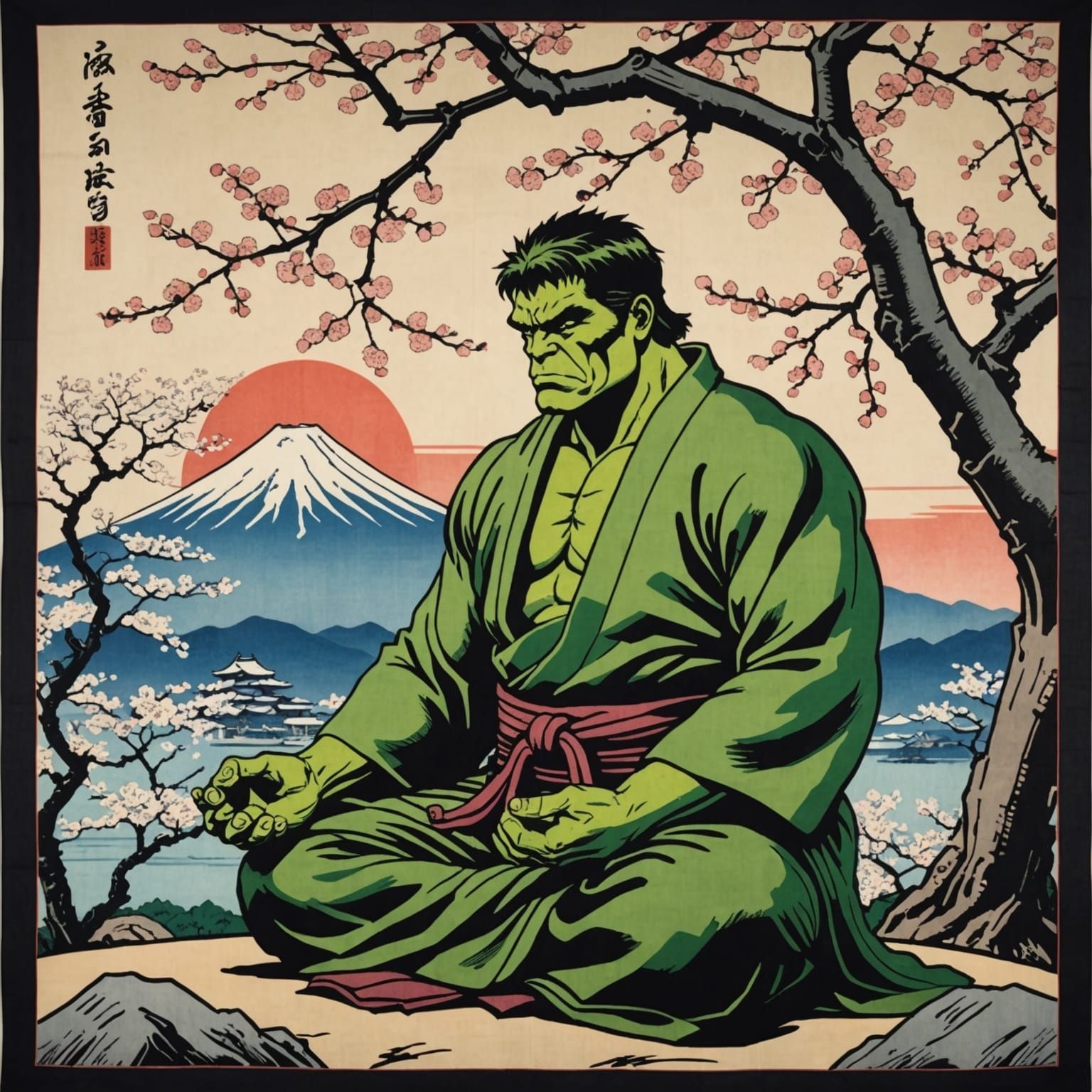The Hulk wearing a kimono meditating under a cherry tree with blossoms, Ukiyo-e, Mt Fuji in the background, silk tapestry, soft pastel colou...