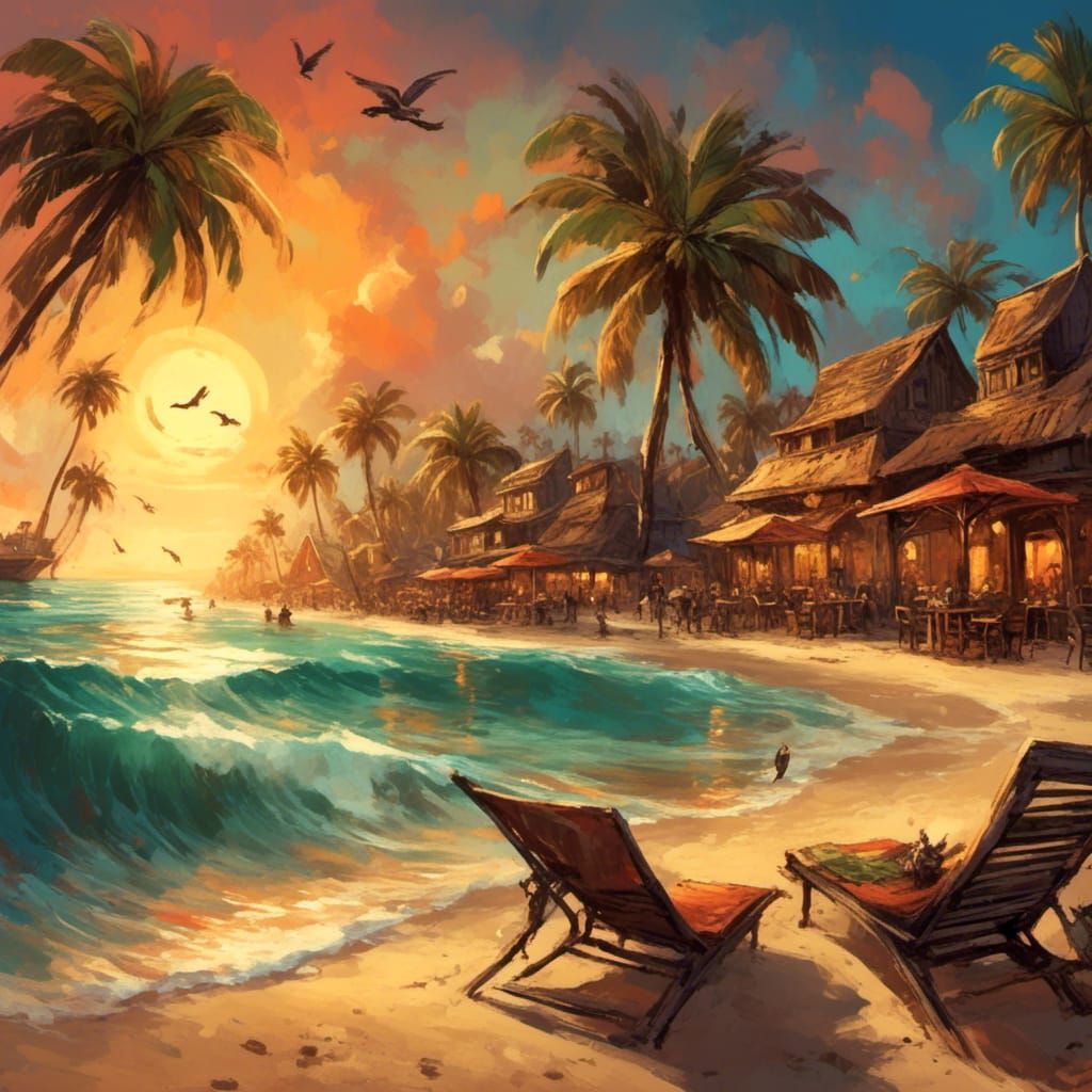 A beautiful wide-angle shot of a tropical beach at sunset. Palm-trees line the beach, and a beachside bar is visible in the distance. <lora:...