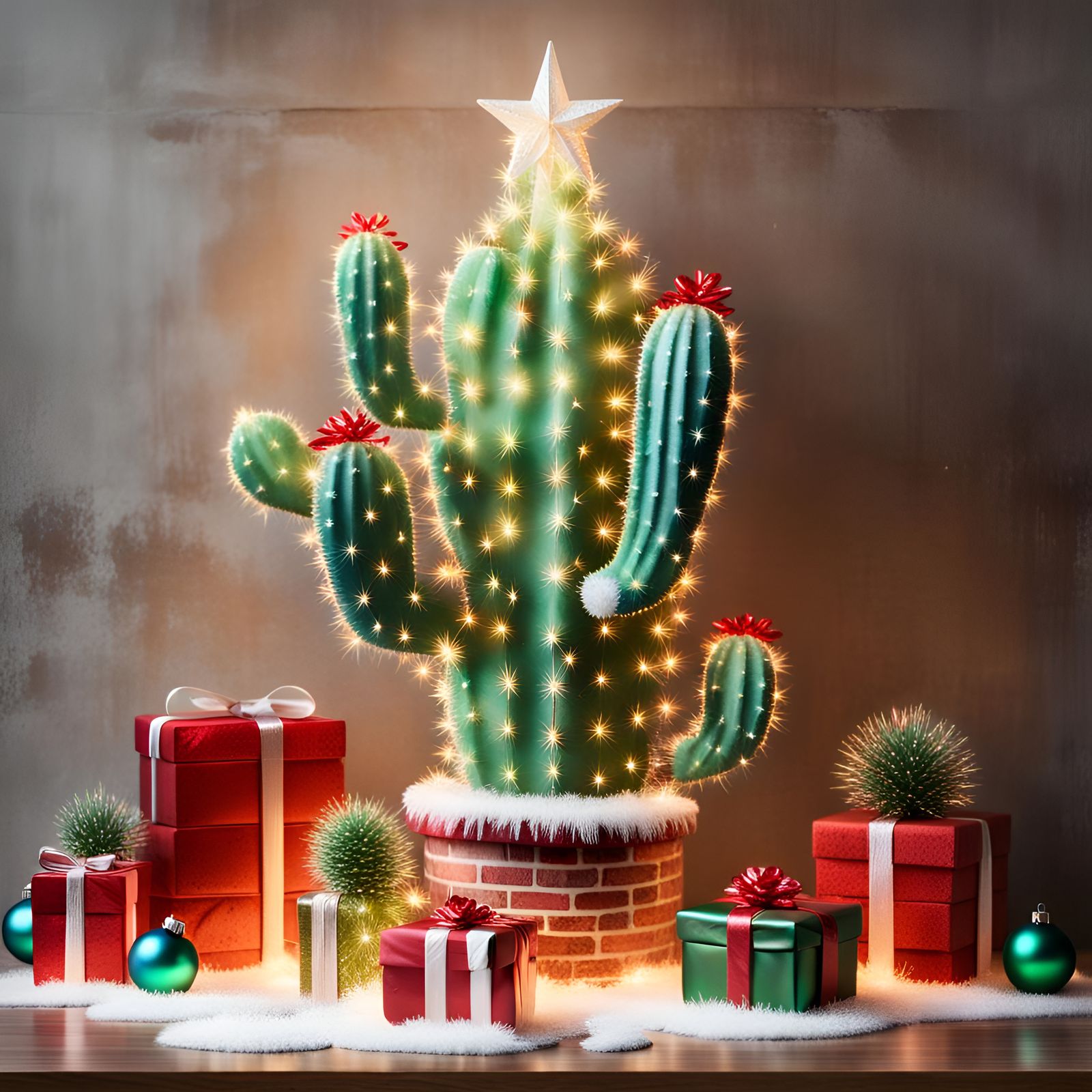 A hyper-realistic cactus Christmas tree with opalescent luminous lights and candy cane ornaments and ...  by @LisaC