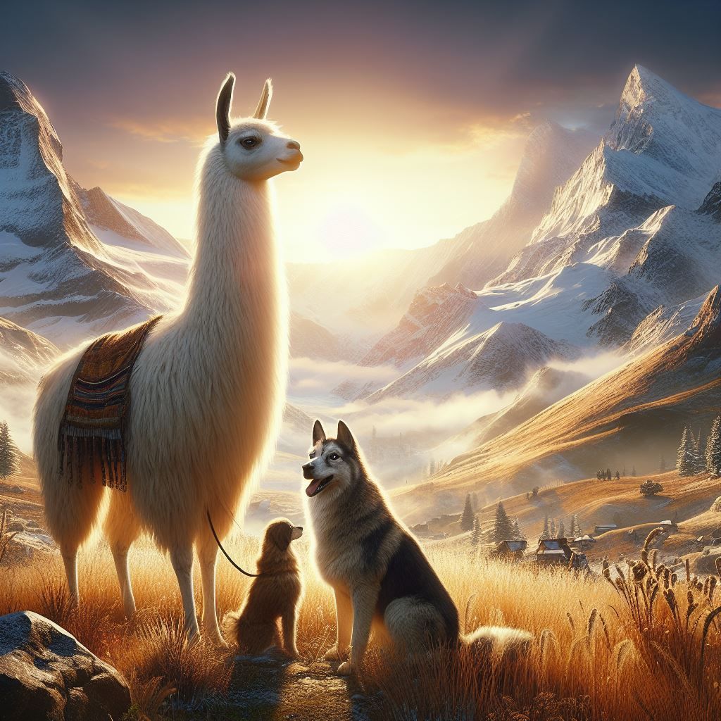 Un lama dans la montagne avec un berger et son chien.