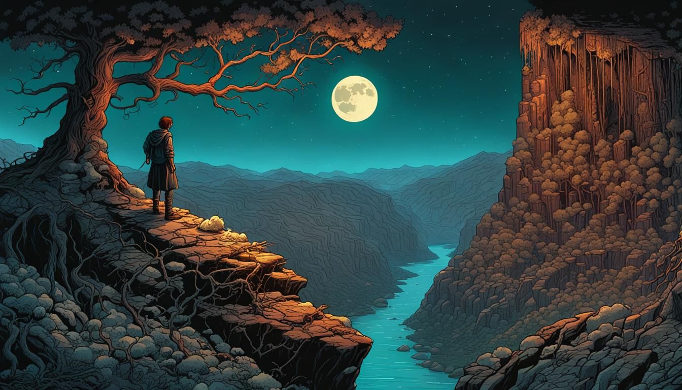 "journey by moonlight cliff river far below rocks, ledge wit...