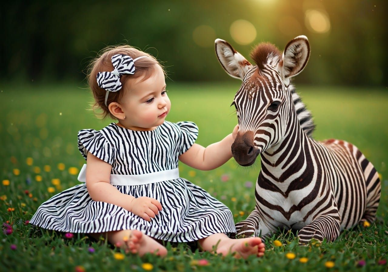 Whimsical Baby Girl and Zebra in Vibrant Meadow
