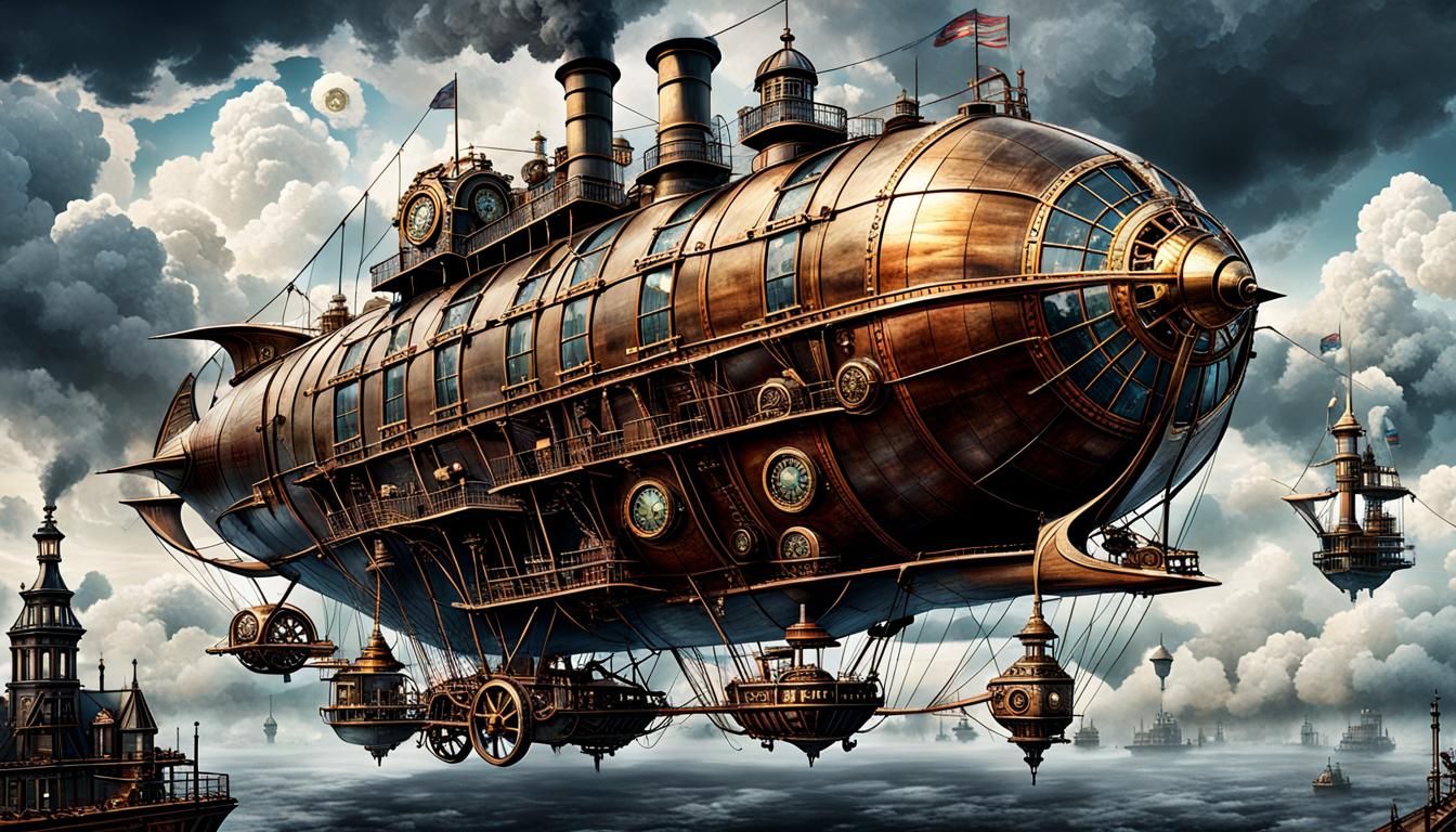 Things that Fly - Steampunk Airship Sails Through a Cloudy Sky  by @Barrykiel