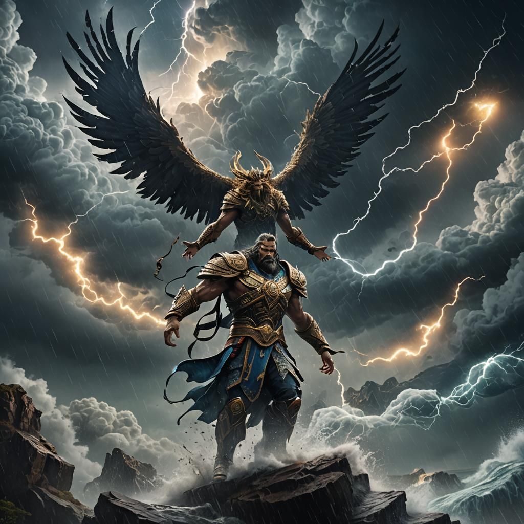 The God of air flying in the middle of a storm