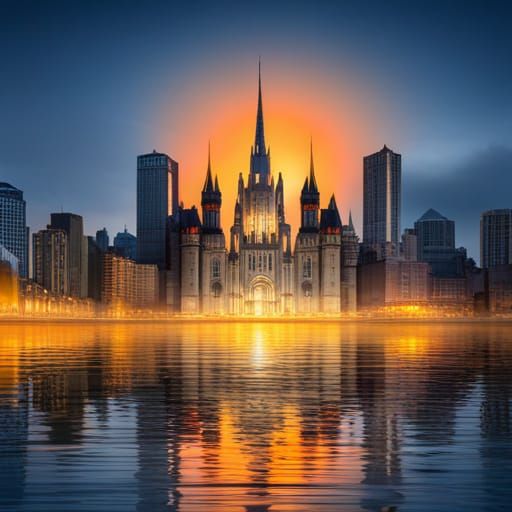 Castle City skyline across the water at sunset, vibrant ligh...