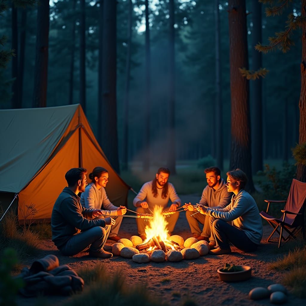 A warm, inviting scene set in a tranquil camping site, captu...