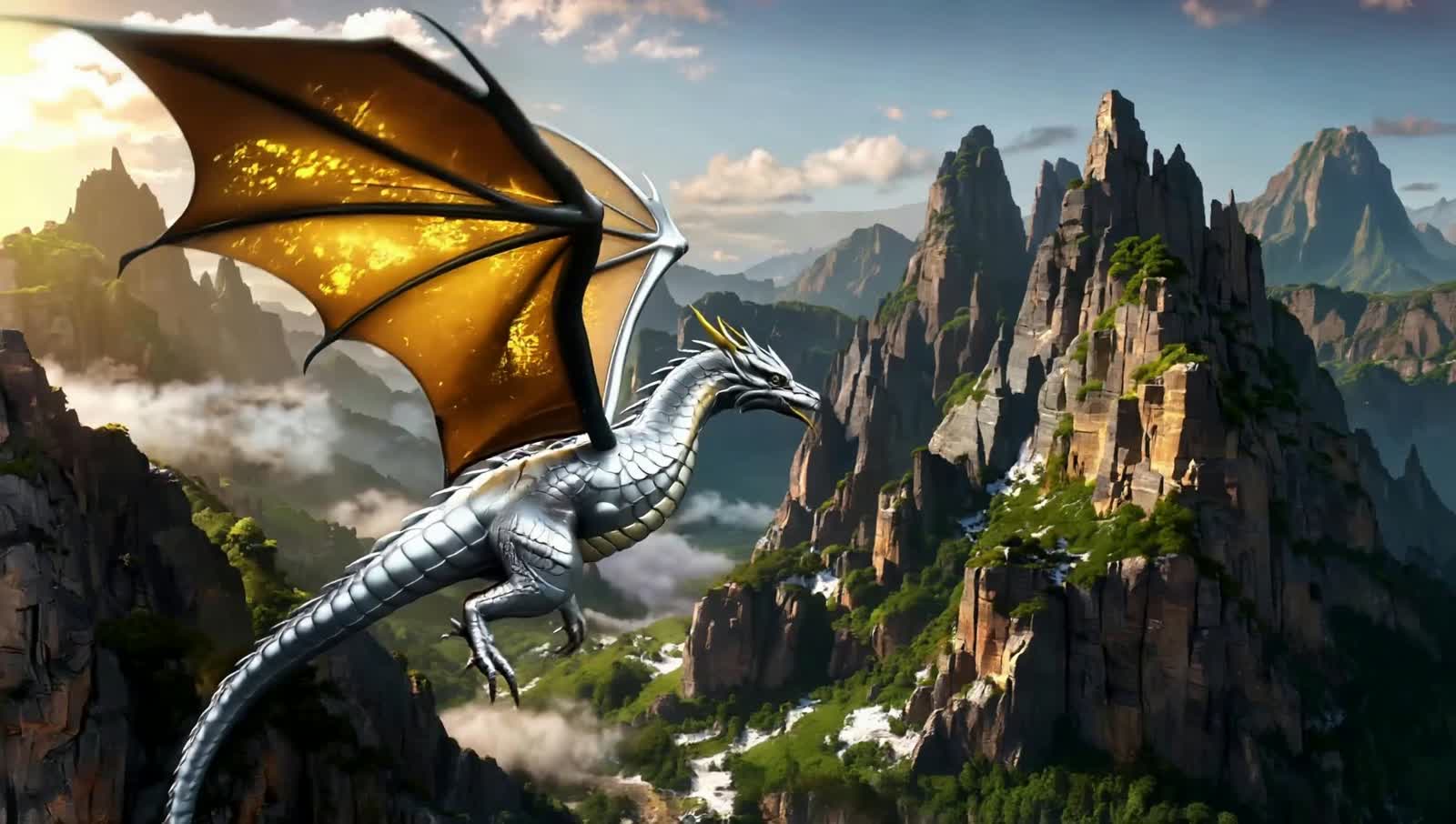 A silver dragon with golden wings flies over a mysterious landscape in the mountains.