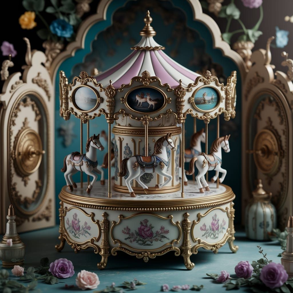 A miniature carousel crafted from delicate porcelain and clockwork gears, set within a whimsical, enchanted ...  by @Marv