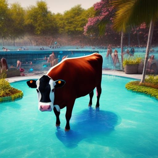Cow at a pool party
