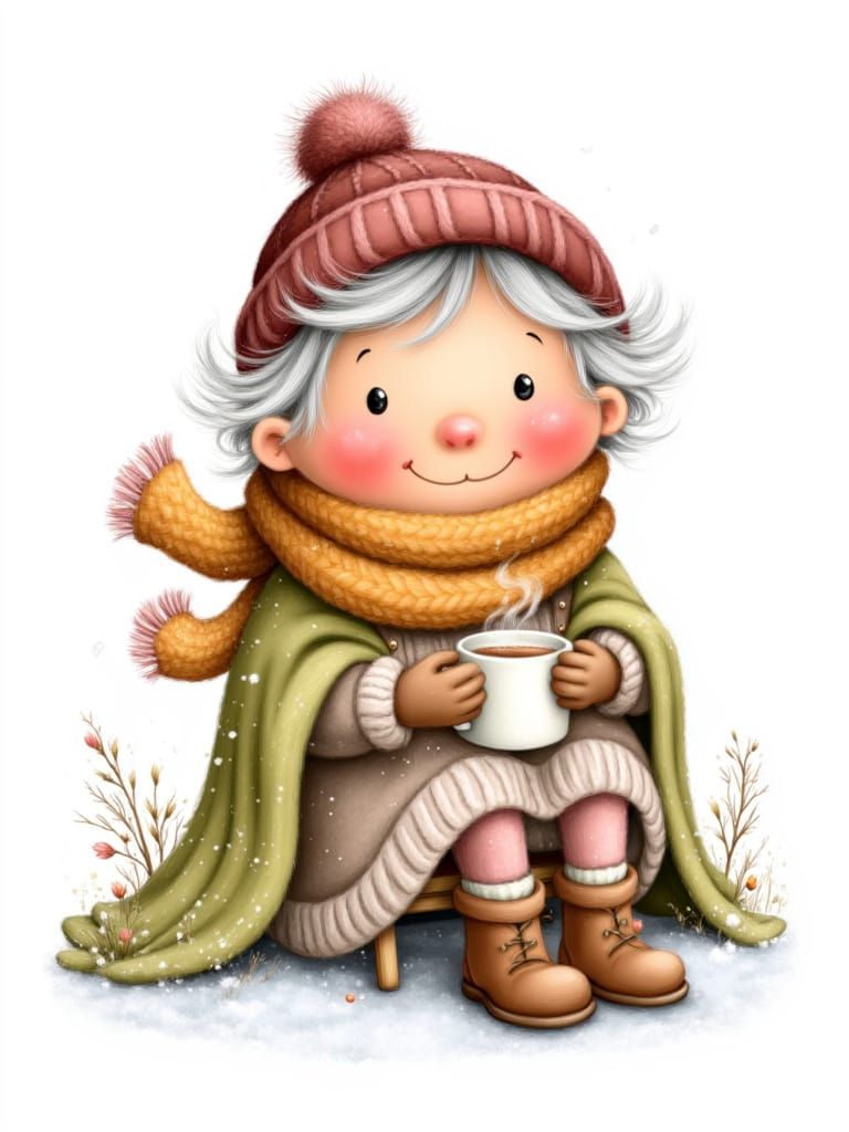 Full body Funny older Womand, wearing a Autumn Outfit, Sitting with a blanket and a hot Chocolate milk, clean and crisp lines, isolated on a...