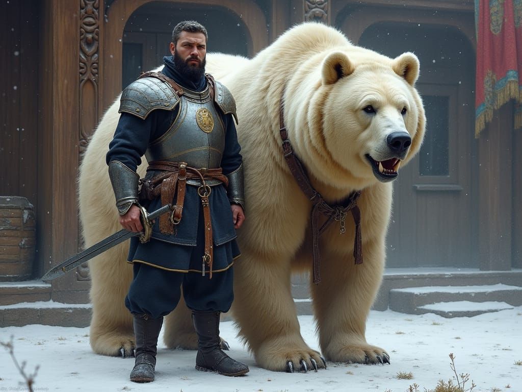 Portrait of Vitold Lezhokhovsky, 27-year-old Kislevite warlord. Full body standing beside armored WAR BEAR in courtyard of ornate wooden ter...