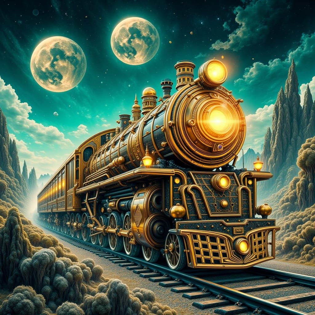 A fluffy golden retriever puppy wearing a tiny aviator helmet, sitting in the cockpit of a retro-futuristic spacecraft. Outside the viewport... - Start Image 1