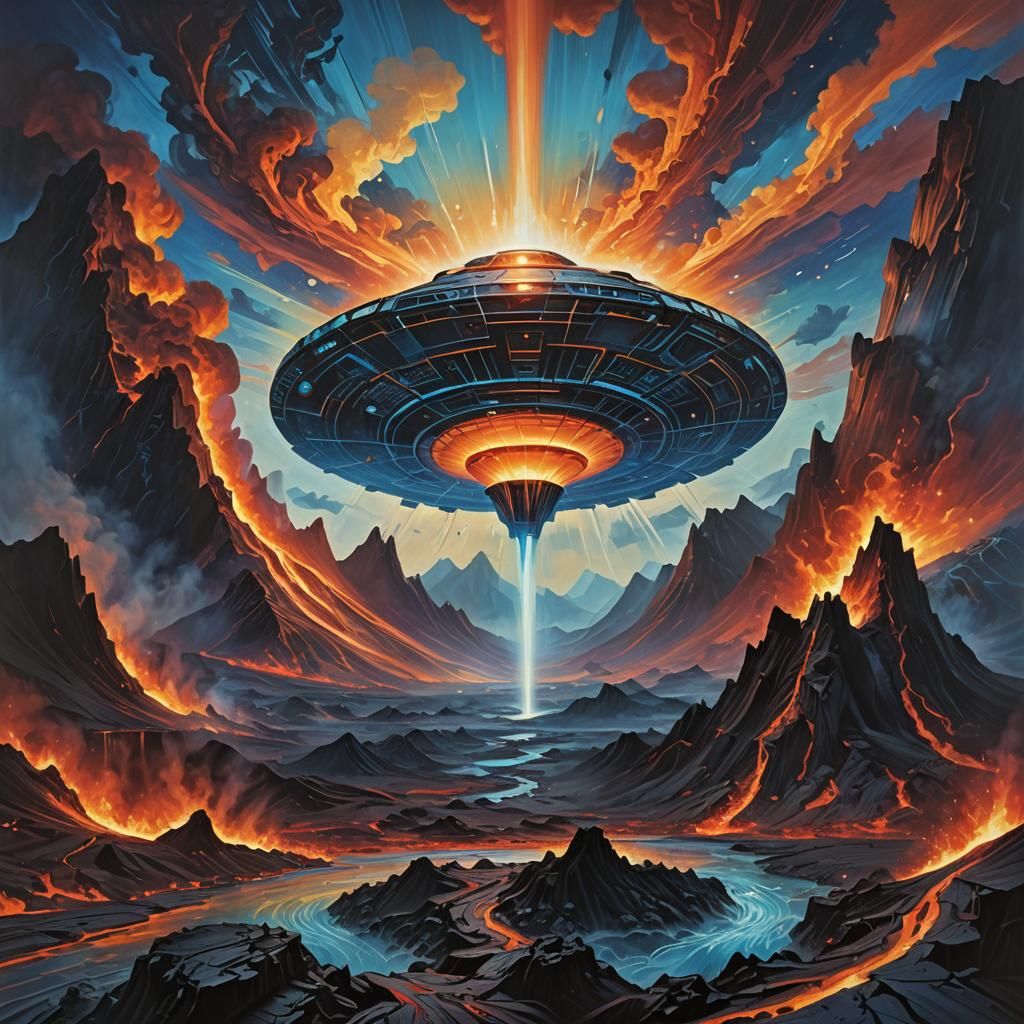 UFO hovering over a volcano