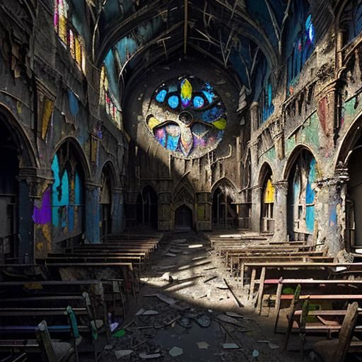 inside an old abandoned cathedral, paint peeling off walls, ...