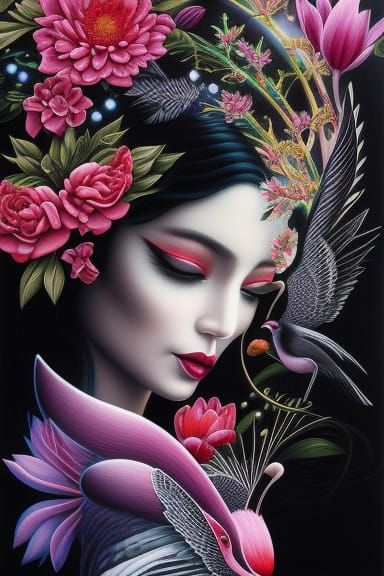 the woman holds her hands as if she were flying, birds, flowers, slots, Casey Weldon, Olga Kvasha, Miho ...  by @blenta