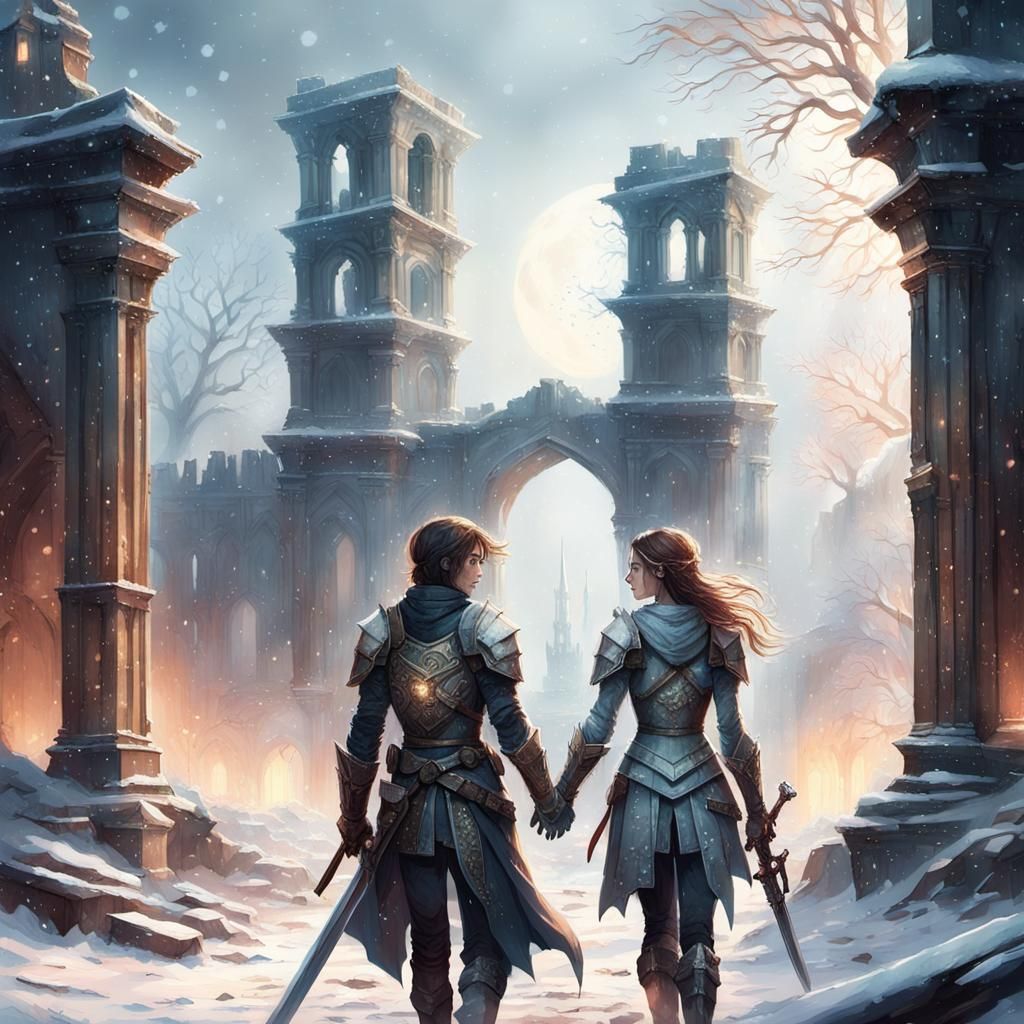 Ethereal Fantasy Couple Walks Through Ruins in Snowy Citysca...
